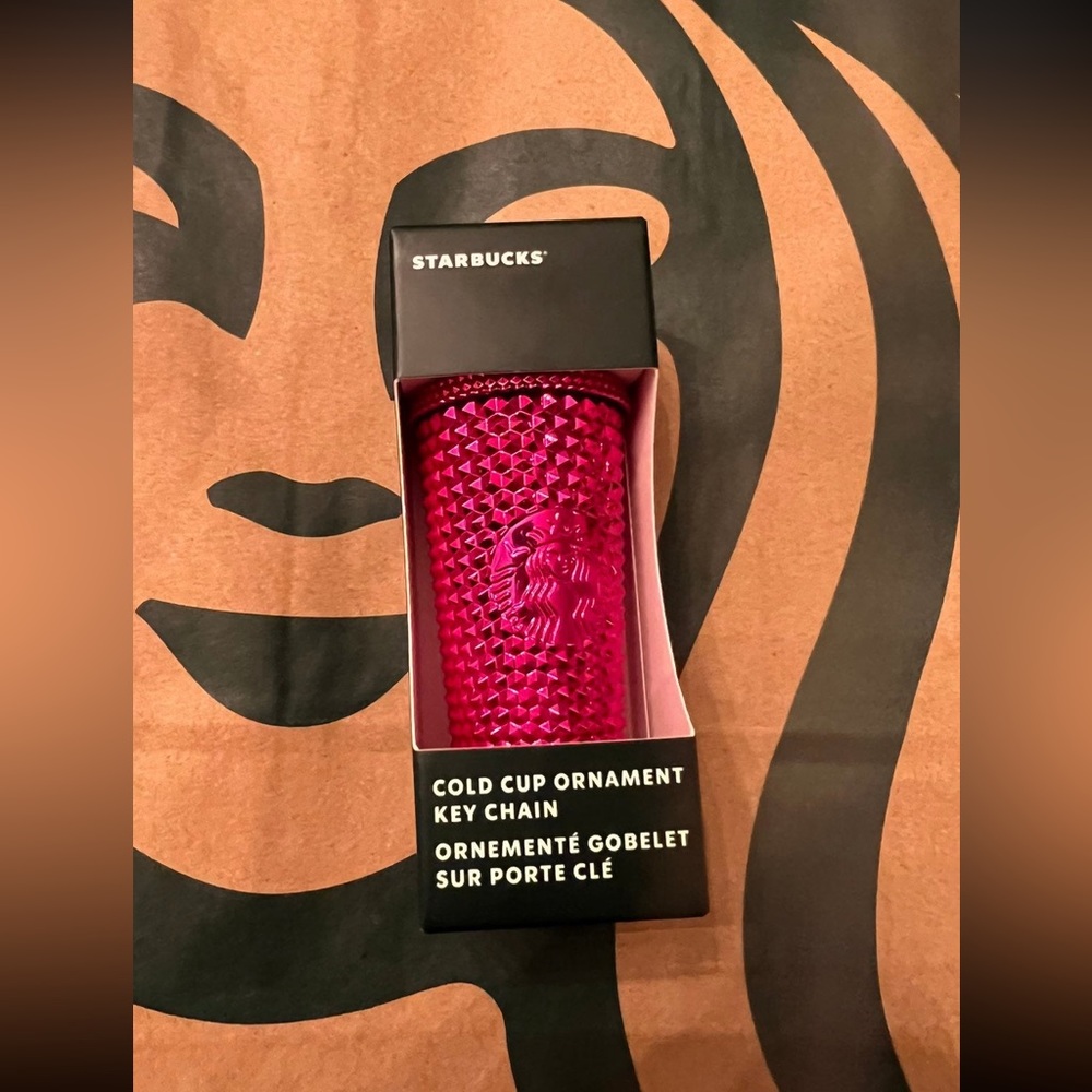 NIB Starbucks Metallic Hot Pink Studded Bling Ornament keychain